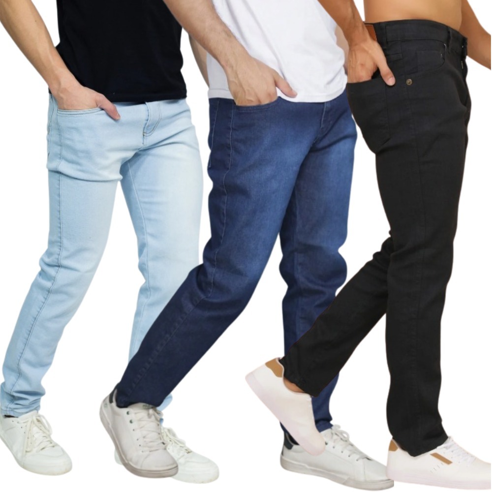 Kit 3 Calças Jeans Masculinas Slim Fit – Jeans Claro, Jeans Escuro e Preto – Conforto com Elastano