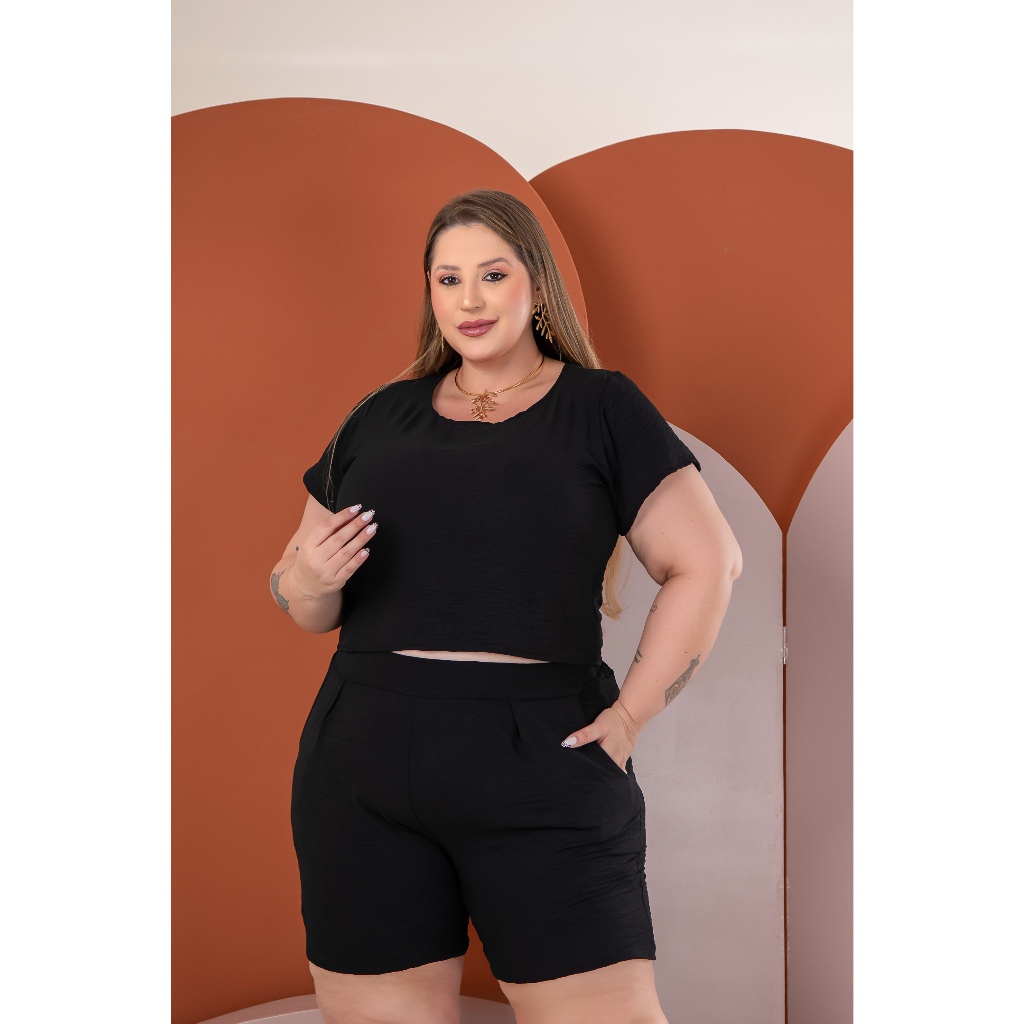 Conjunto Feminino Cropped e Short Curto Plussize Curve Tendência Modinha