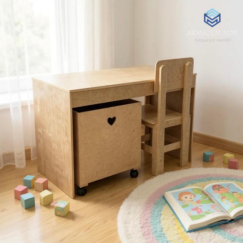 Mesa Bancada Infantil Caixa Organizadora com Rodinhas e Cadeirinha MDF em Oferta na Shopee
