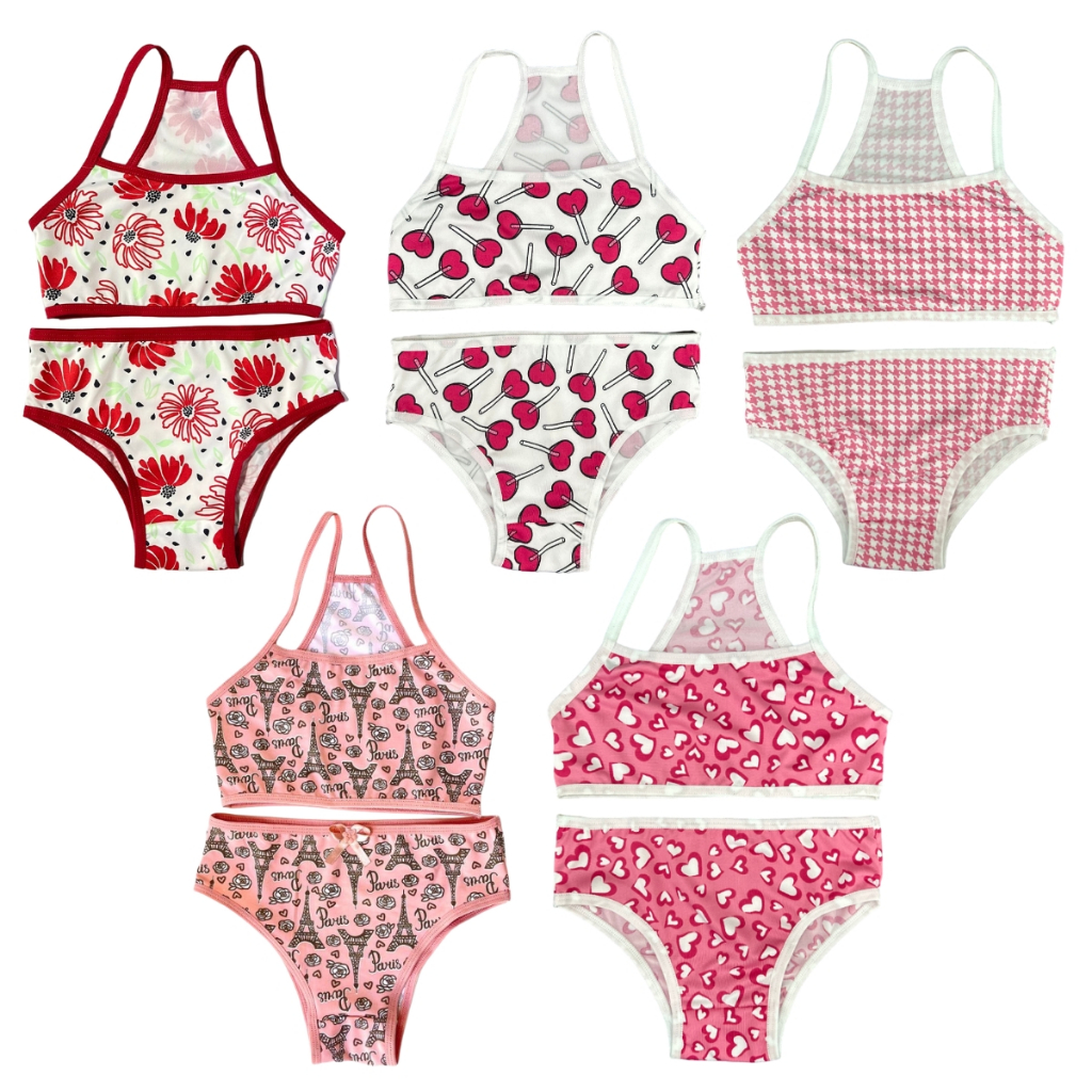 Kit 5 Conjunto Roupa Infantil Estampado Microfibra Menina Moça Top Calcinha Biquini Conjuntinho