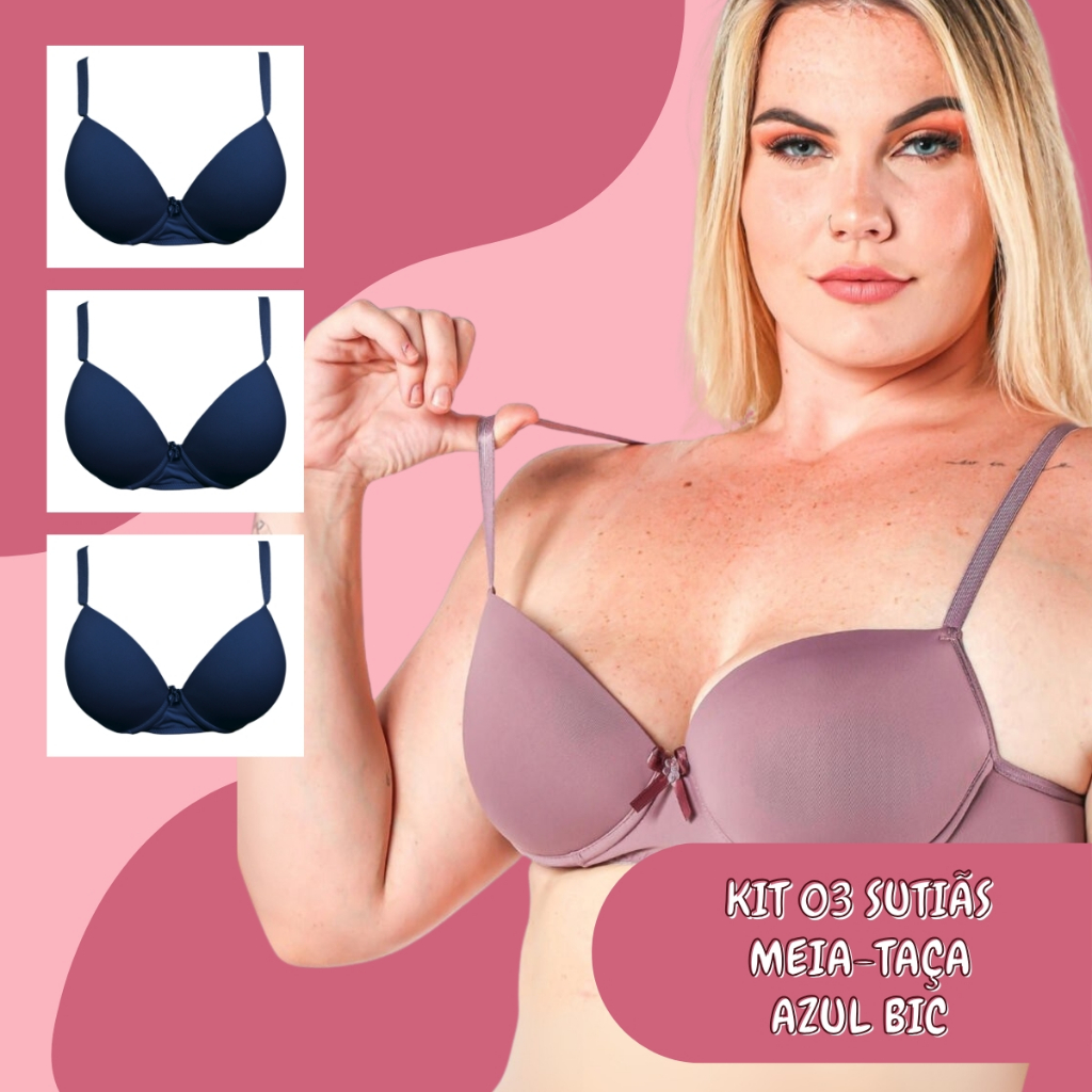 Kit 3 Sutiãs Plus Size Meia-Taça com Bojo Azul Bic – Conforto e Estilo em Dose Tripla