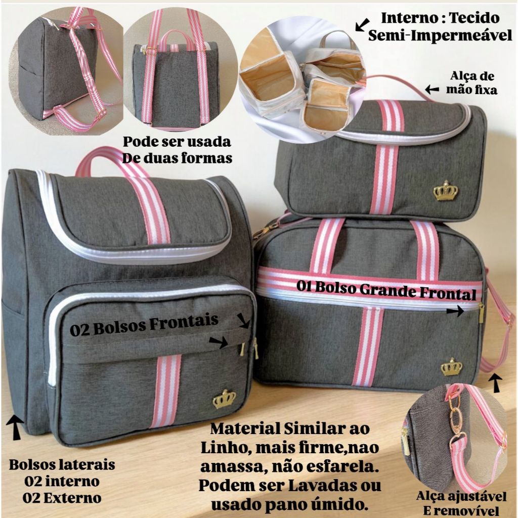 Classic Rosa Kit Bolsas maternidade Cinza Com Faixa em  Rosa 03 peças