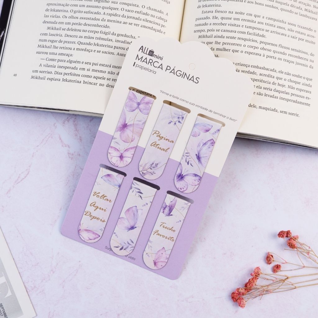 Conjunto de 6 Marcadores De Página Para Livros E Cadernos Imã Magnéticos Com Brilho, Borboletas ou Estradas - Allmini