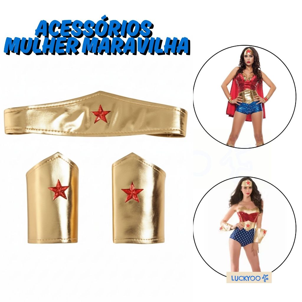 Acessórios da Fantasia Mulher Maravilha Heroína 3 Peças Tiara e Braceletes Cosplay Festas e Carnaval