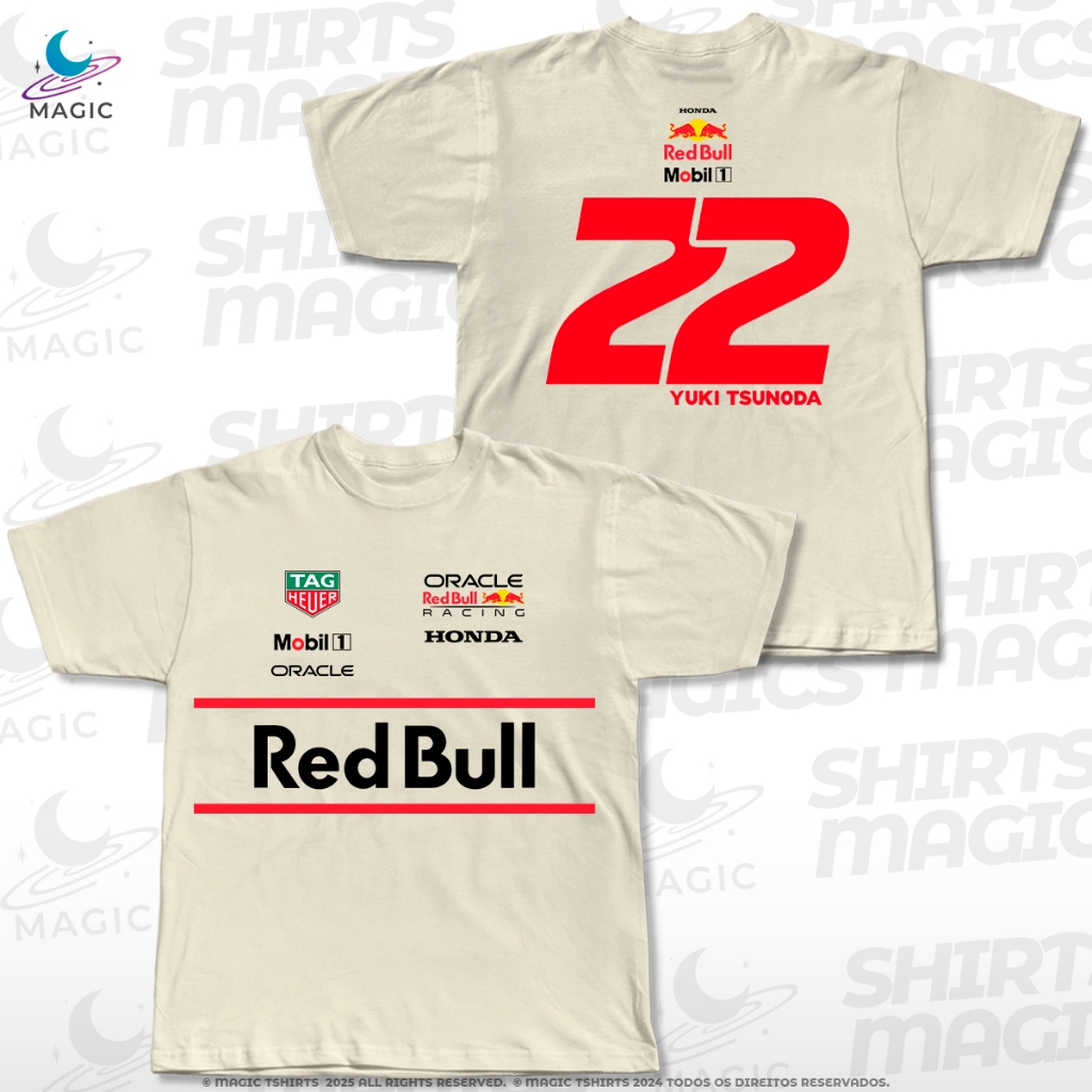 Camiseta F1 Yuki Tsunoda #22 Red Bull 2025 100% Algodão e Dry-fit unissex