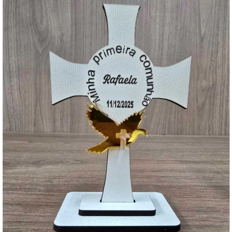 Kit 10 Lembrancinha Primeira Comunhão Personalizado com nome e data MDF Branco + Acrílico Dourado