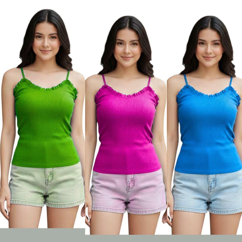 Kit 3 Peças Blusa Alcinha Feminino Regata Basica com Bojo Babado Tecido Ribana Cores na Verão Tendencia