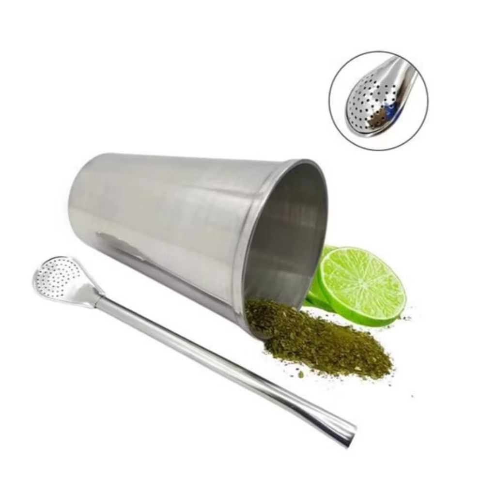 KIT TERERÉ Copo em Inox Fino + Bomba 19cm Cromada de Tereré