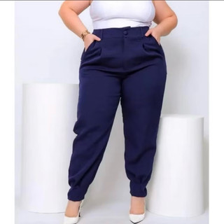 Calça Plus size Cenoura, cintura alta Alfaiataria Feminina Detalhes Do Dobrados com Bolso