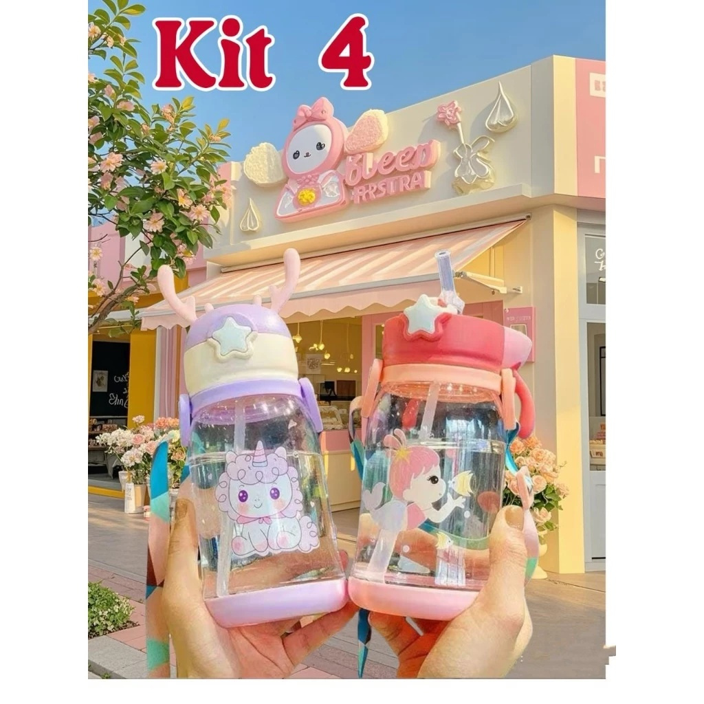 KIT1~KIT4 Garrafa De Alce Água Infantil Criança Portátil Com Canudo Desenho Fantasia Para Meninas ou Meninos 600ML em Oferta na Shopee