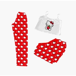 PIJAMA FEMININO 3 PEÇAS BABY DOLL BLOGUEIRINHA VERMELHO MORANGO