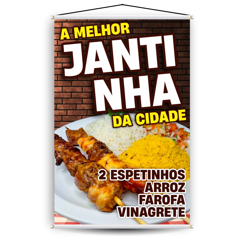 Banner A Melhor Jantinha da Cidade | 2 Espetinhos Arroz Farofa Vinagrete | Ideal pra trailers e marmitarias