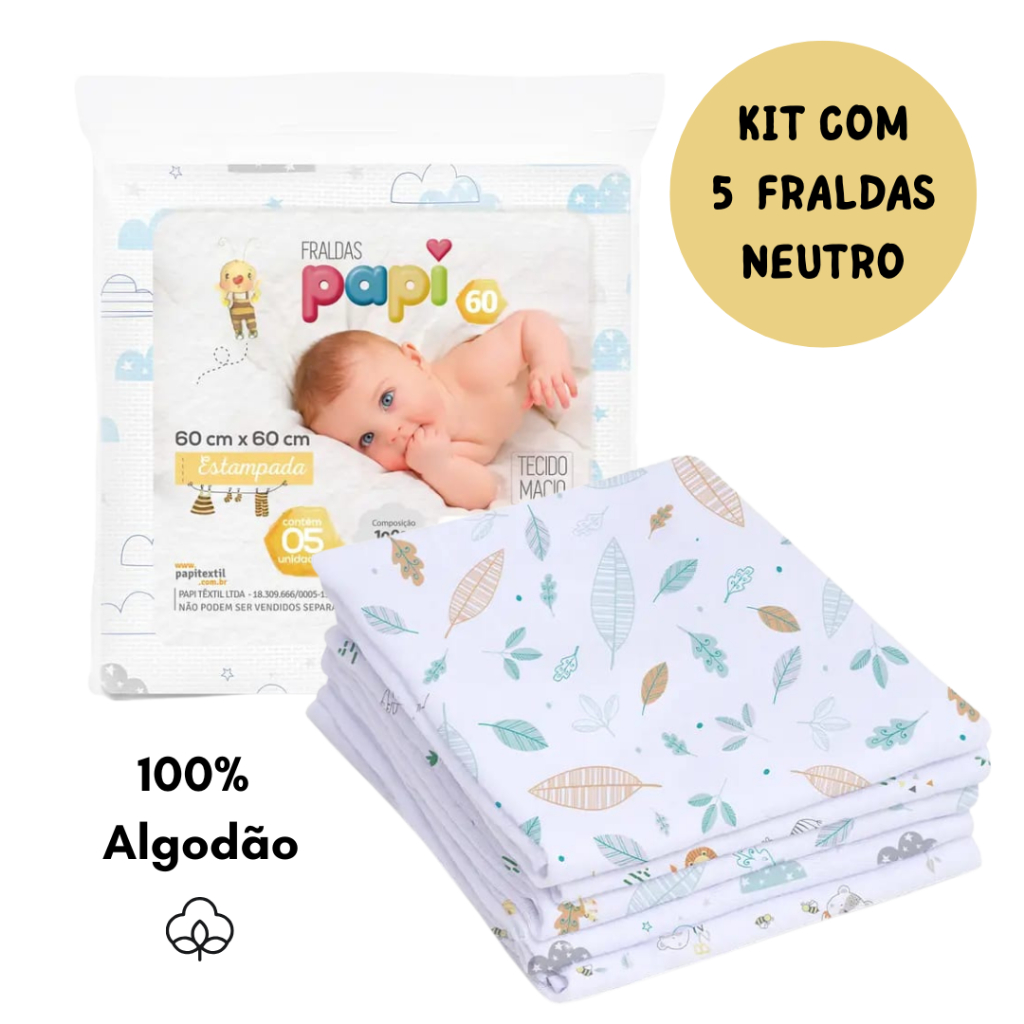 Fralda de Pano Tecido Kit com 5 fraldas 60x60cm 100% algodão – Papi Neutro em Oferta na Shopee