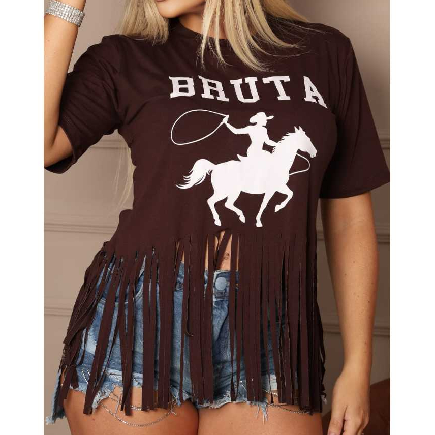 T-SHIRT COM FRANJA ESTAMPA  BRUTA,  MODA COUNTRY VISCOLYCRA em Oferta na Shopee