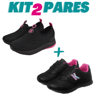KIT 2 PARES Tênis Meia Calce Facil Infantil Menina Preto Pink e Tênis Jogging Bordado Preto Pink Kidstep em Oferta na Shopee