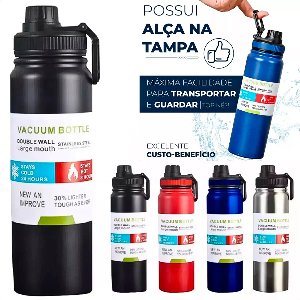 Garrafa Térmica 800ml 1000ml 1L Com Tampa Anti Vazamento Aço Inox com Alça