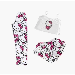 PIJAMA FEMININO 3 PEÇAS BABY DOLL BLOGUEIRINHA ROSTOS