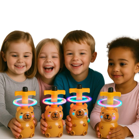 brinquedo Pião lançador com Luz e Som Formato Capivara Ursinho para Crianças -Pião Divertido