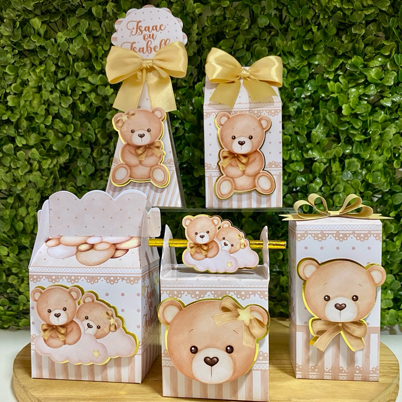 kit Lembrancinha Personalizada Chá Revelação Ursinho Dourado Festa Infantil