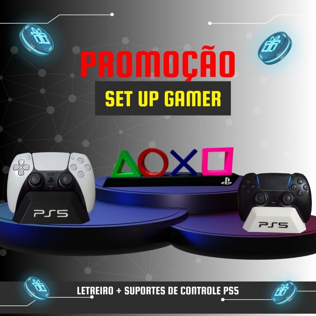 Kit Gamer PS5 – Letreiro Decorativo + Suportes de Controle Playstation 5 | Setup Gamer