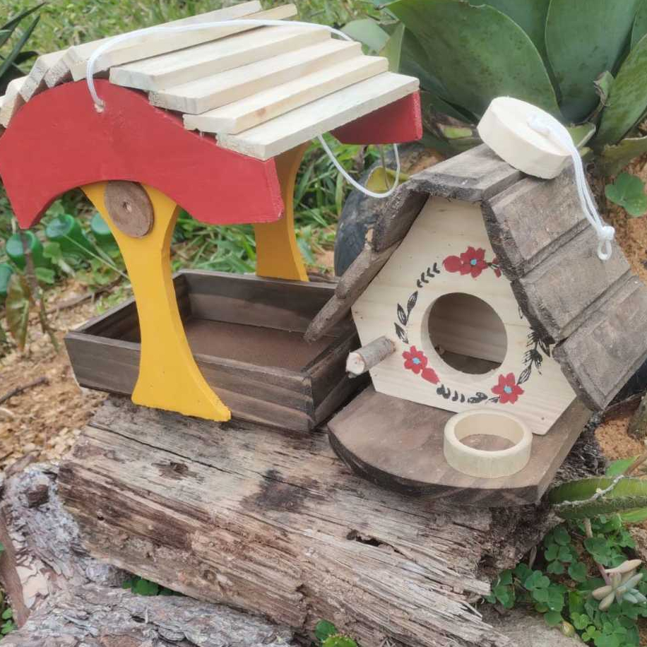 Kit Casinha de Passarinho e Comedouro Pica-Pau feitos de Madeira - Jardim - Quintal - Varanda