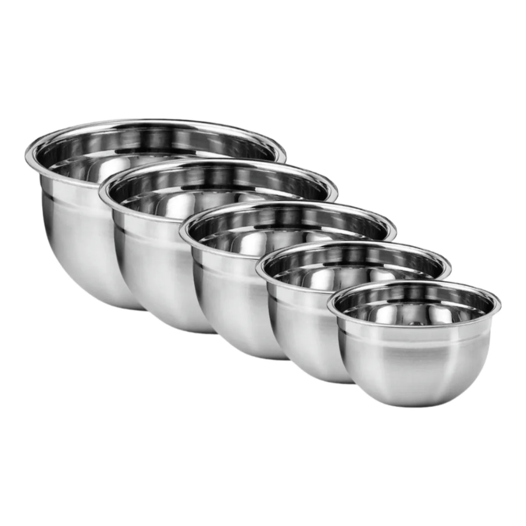 Jogo de Bowl Inox 5 Peças Tigela Inox Empilhável 14cm 18cm 22cm 26cm 30cm Gamela Bacia Cozinha
