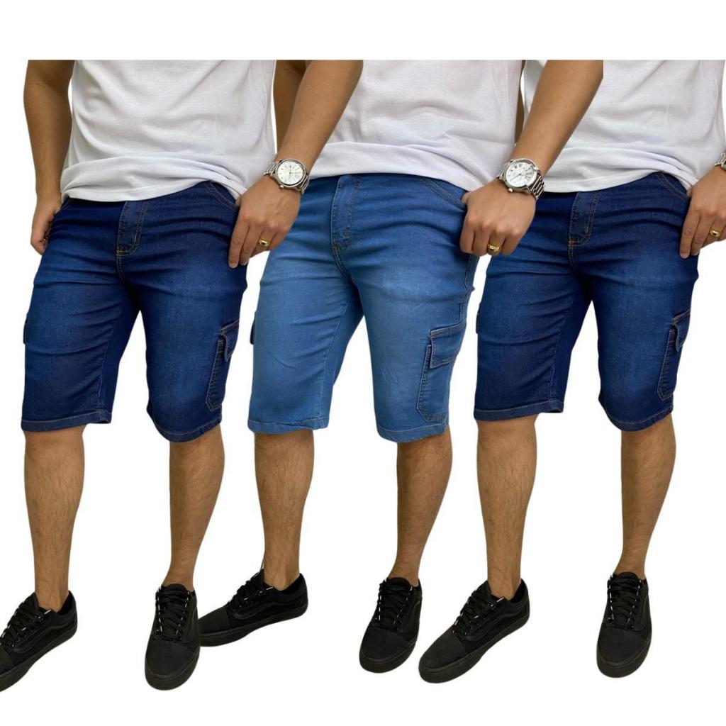 Kit com 3 Bermudas Cargo Masculina Jeans com Lycra Conforto Estilo e Qualidade Ref 119
