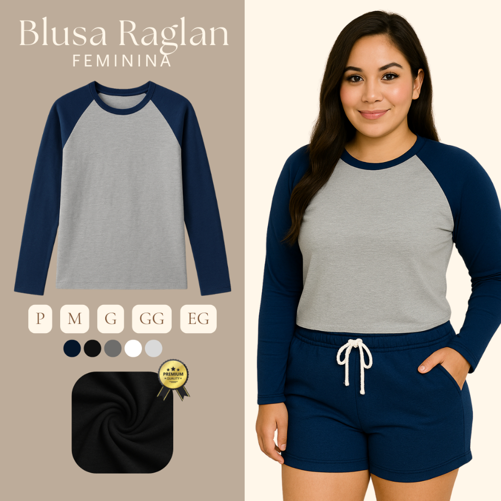 Blusa Básica Manga Longa Feminina Camiseta Raglan Manga Longa Malha Tecido Macio em Oferta na Shopee
