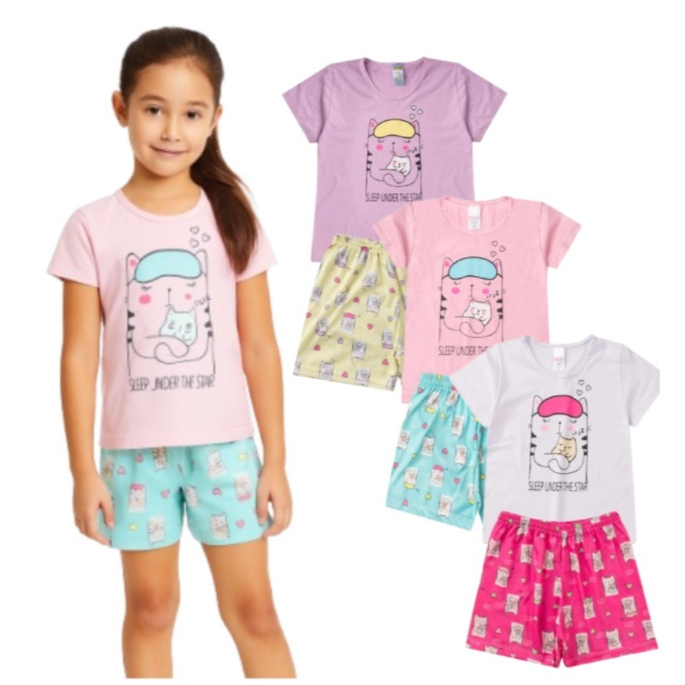 Pijama Infantil Feminino Verão Sleep Cat - Hey Kids - Rosa