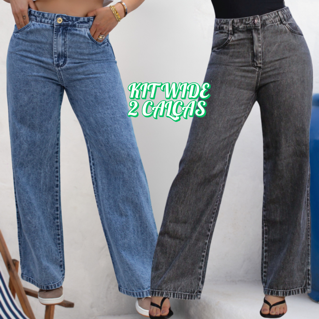 kit 2 Calças Feminina Wide Leg Cós Alto Empina Bumbum Pantalona em Oferta na Shopee