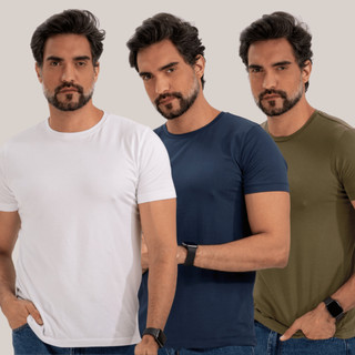 Kit com 3 Camisetas Algodão Egípcio Masculinas Lisa Slim Premium Básica Original Durabilidade e Conforto