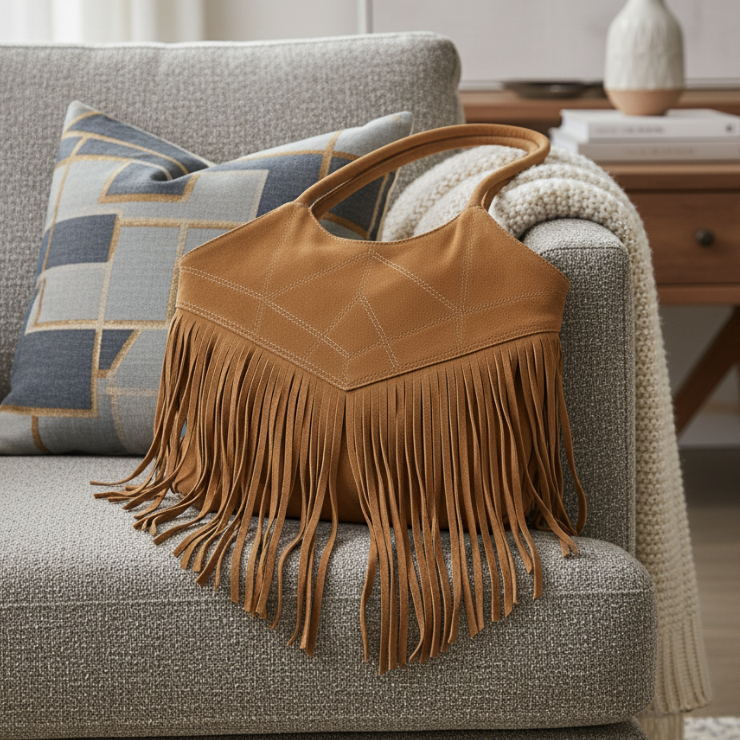 Bolsa Feminina de Couro Legítimo Ombro Grande Camurça Franjas Retro Atual