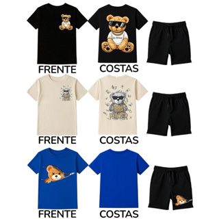 Kit peças de Roupa confortável infantil menino menina camiseta + bermuda com estampa urso frente e co em Oferta na Shopee