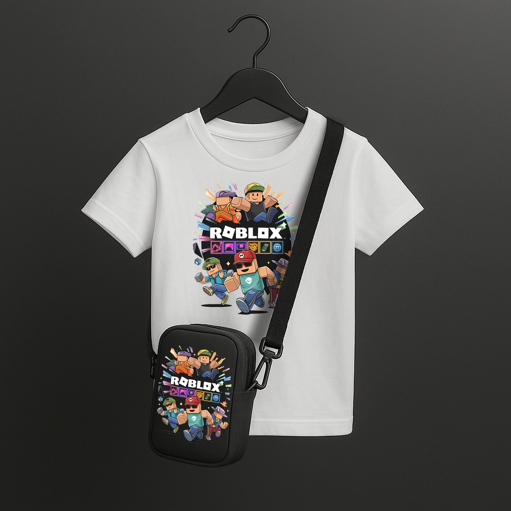 Kit Infantil Roblox – Camiseta Branca Estampada + Bolsa Bag Tiracolo Personagem Gamer