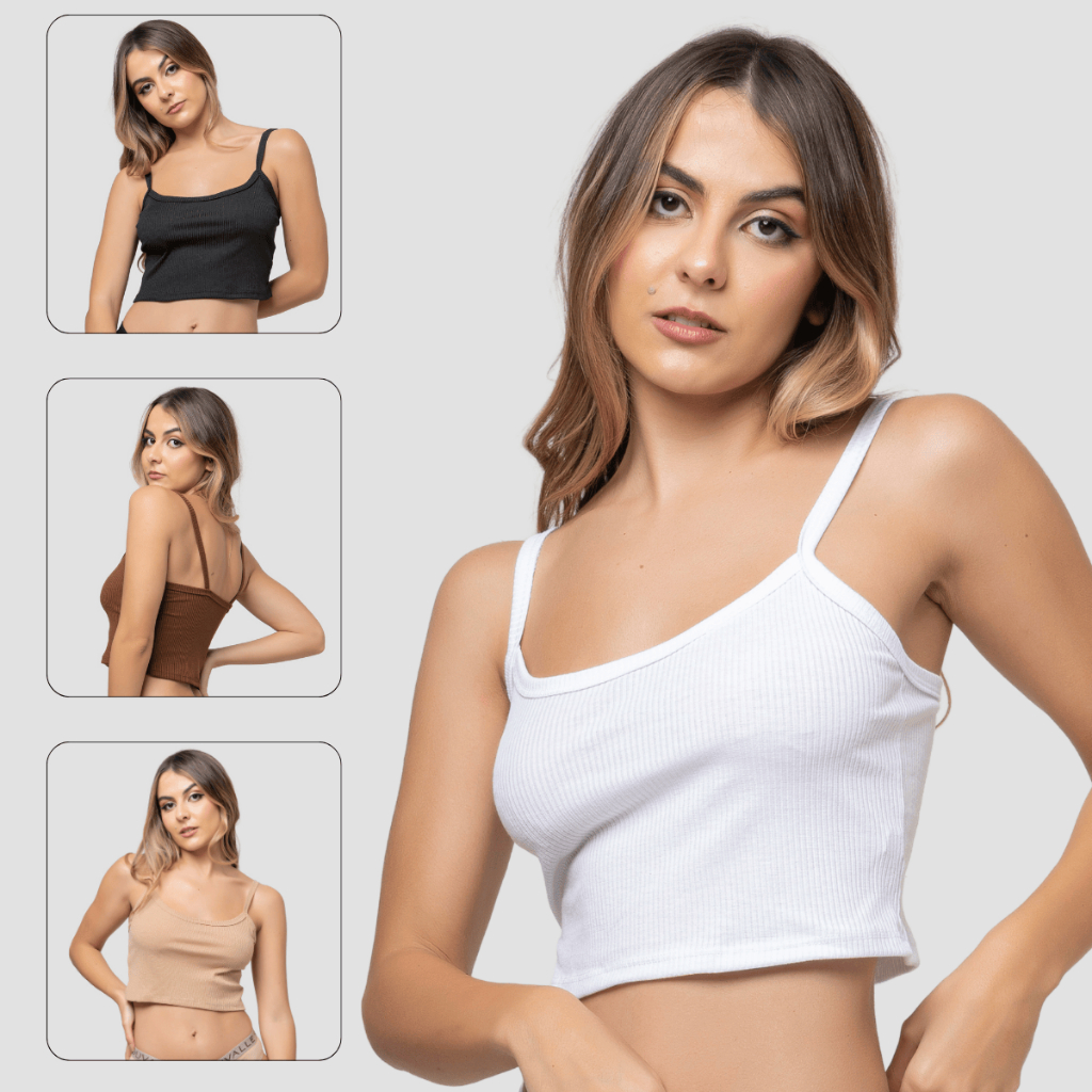 Kit 5 Cropped Canelado Alcinha Blusa Top Regata Curta Feminina Moda Básica Conforto