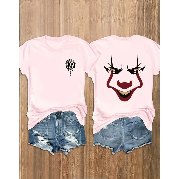 Camisa Básica Unissex Estampada Rosto Palhaço Pennywise Camiseta Manga Curta Gola Redonda Moda Verão Festa Halloween