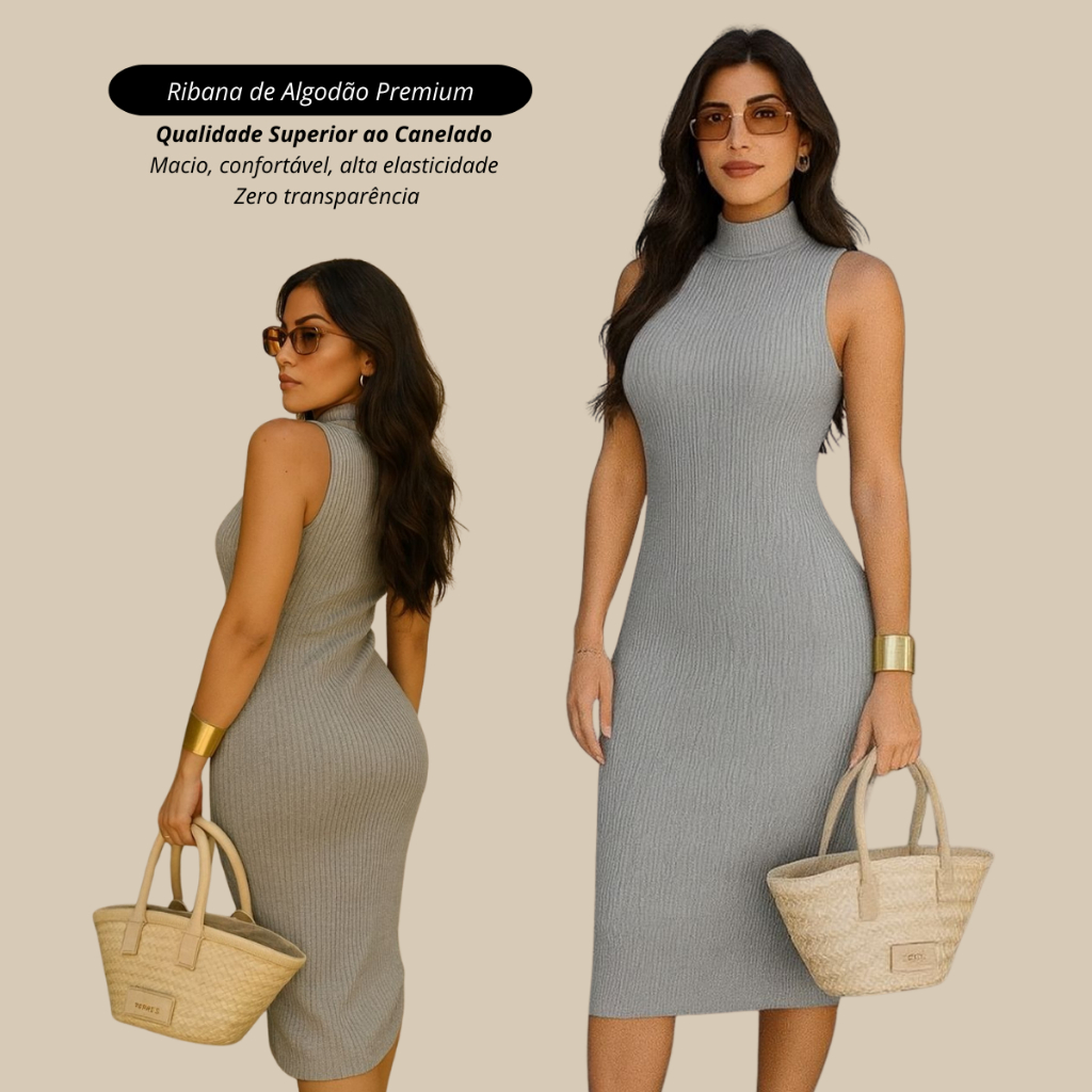 Vestido Gola alta feminino midi sem manga outono inverno ribana canelado premium em Oferta na Shopee