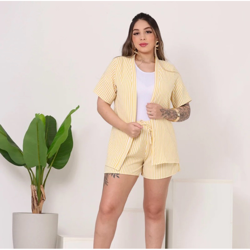 Conjunto Feminino Kimono Listrado Short e Blusa