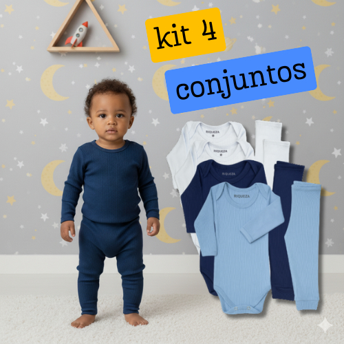Kit 8 Peças Body Bebe Manga Longa e Calça Canelado 100% Algodão Conjunto Confortável Menino
