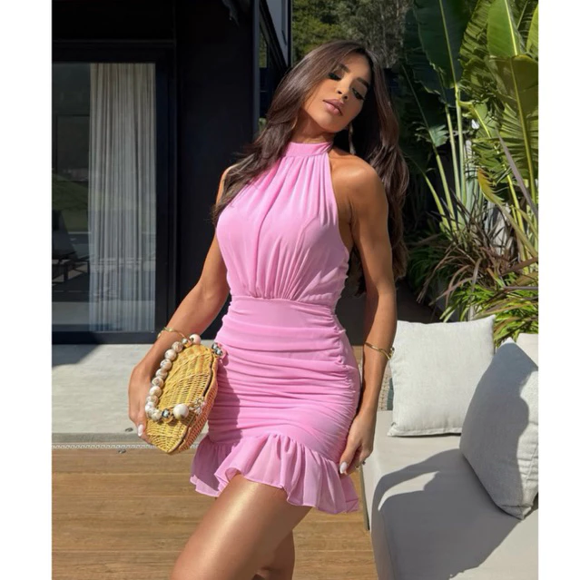Vestido Feminino Curto Frente Única Gola Alta Amarração No Pescoço Tule Drapeado Babado Tendência Chic Elegante — imagem 1
