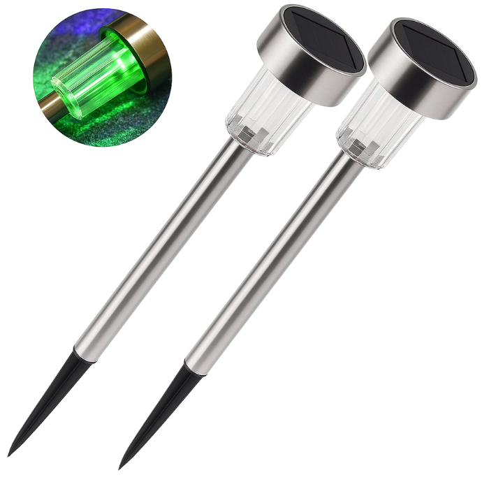 Kit 2 Luminarias Solar RGB de Jardim Balizador Prata Espeto Chão Quintal em Oferta na Shopee