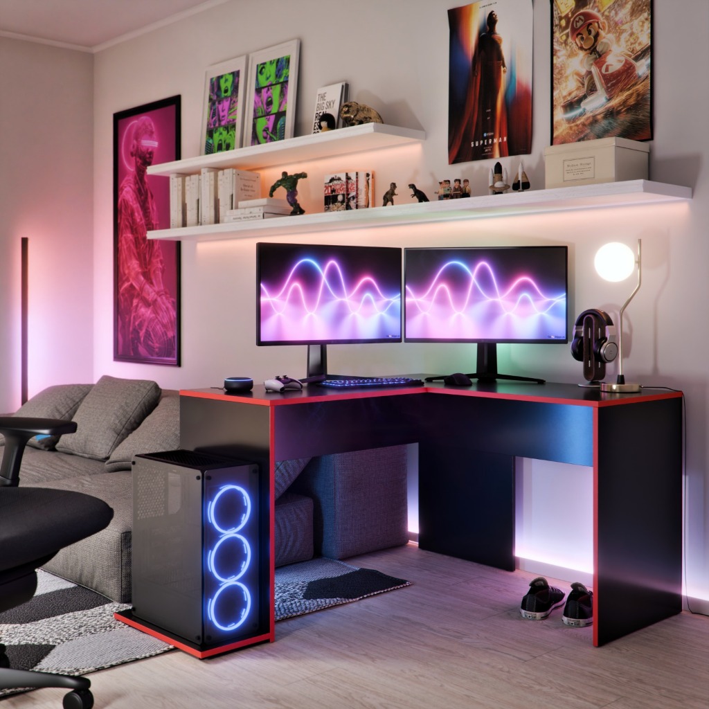 Escrivaninha Em L Mesa Para Computador Gamer Em Madeira Vermelha Casa Lustre em Oferta na Shopee