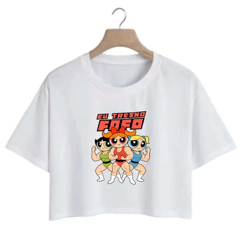 Blusa Cropped Feminina Algodão Estampado Meninas Poderosas Gola Redonda Academia Fitness