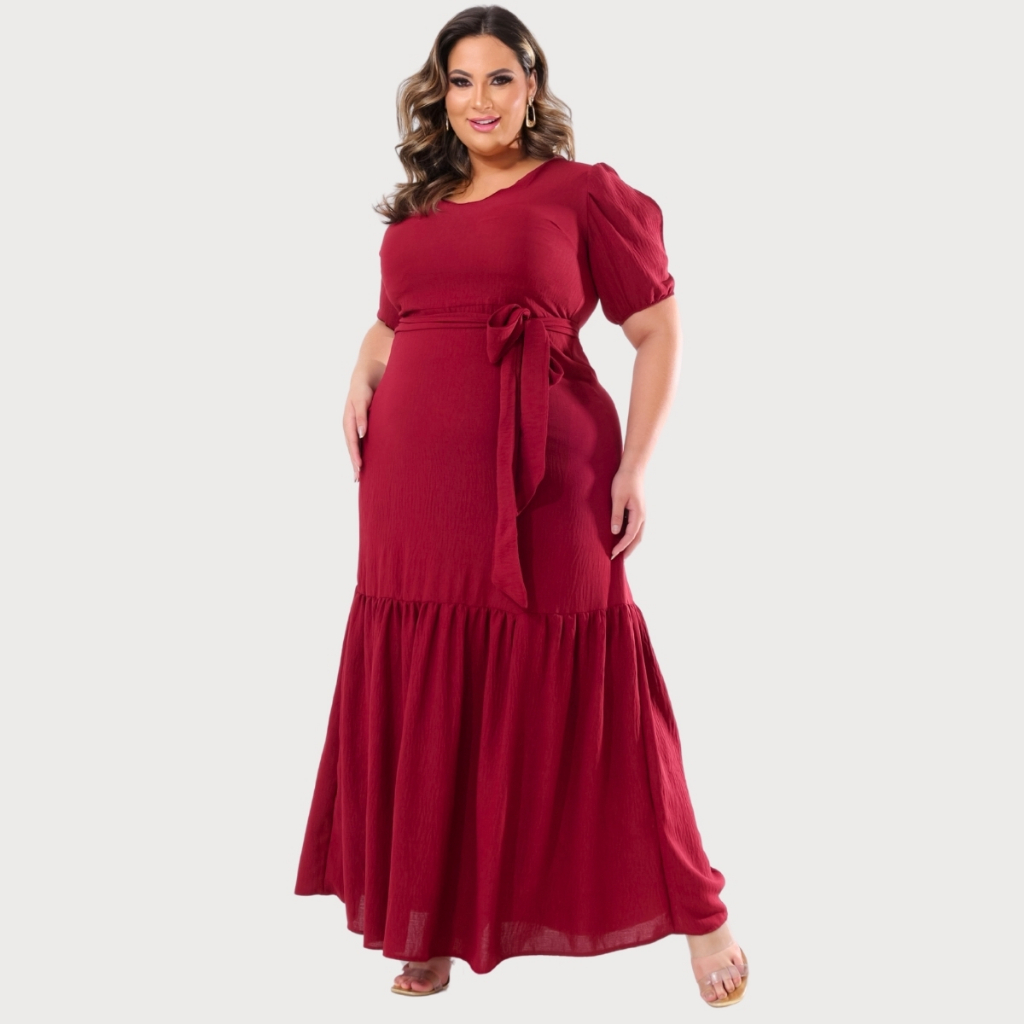 Vestido Plus Size Longo Manga Fenda Faixa Cintura Luxo
