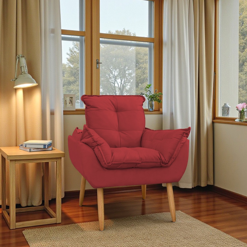 Poltrona Decorativa Opala Pés Palito Para Quarto e Sala de Estar Suede Vermelho