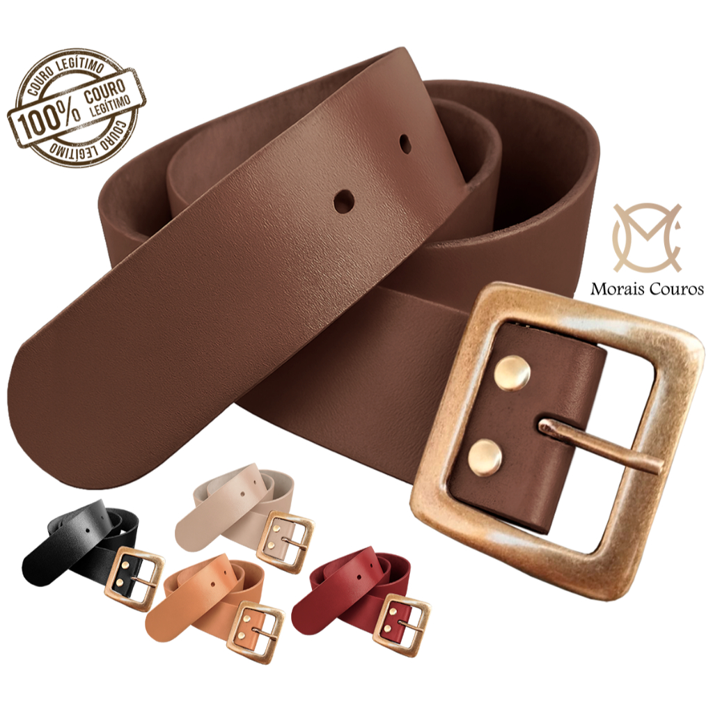 Cinto feminino couro legítimo largo 4cm fivela dourada fino moda elegante preto marrom caramelo