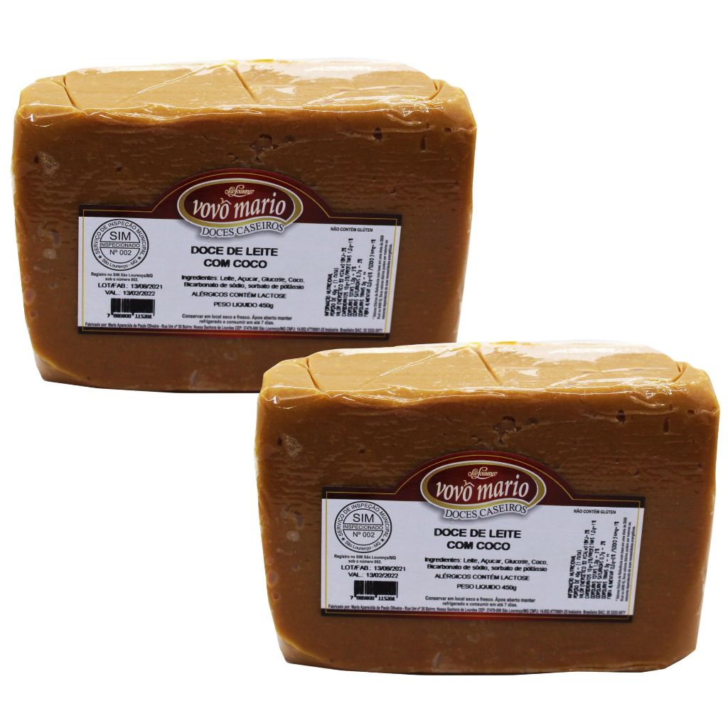 Doce de Leite com Coco em Tablete com Açúcar sem Glúten 450g Doce Vovô Mário Kit 2 unid