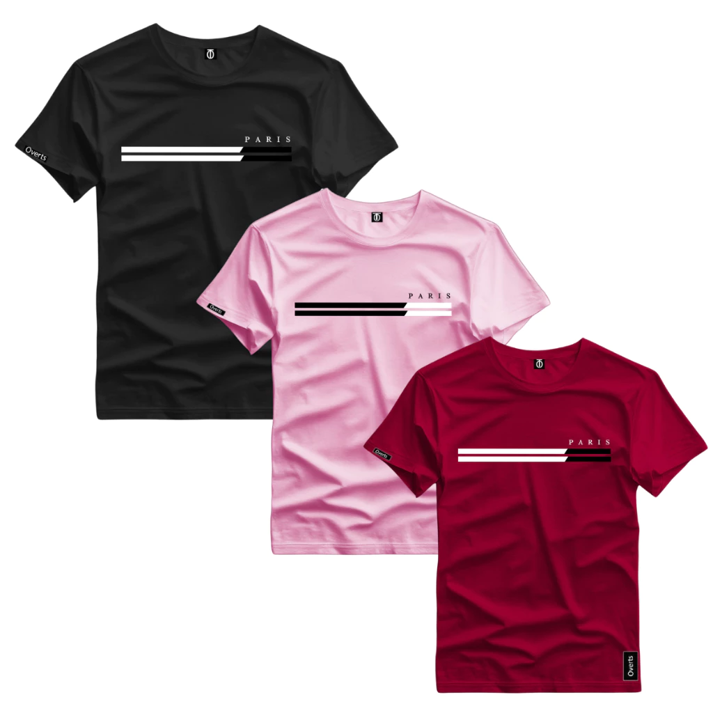 Kit 3 Camiseta Camisa Masculina Estampa Paris Duas Listras Style Tendencia Top Malha Algodao