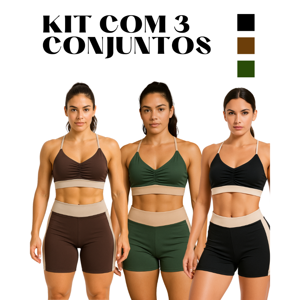 kit 3 Com Conjuntos Feminino Academia Fitness Top Forrado e Short Cós Alto Suplex Zero Transparência