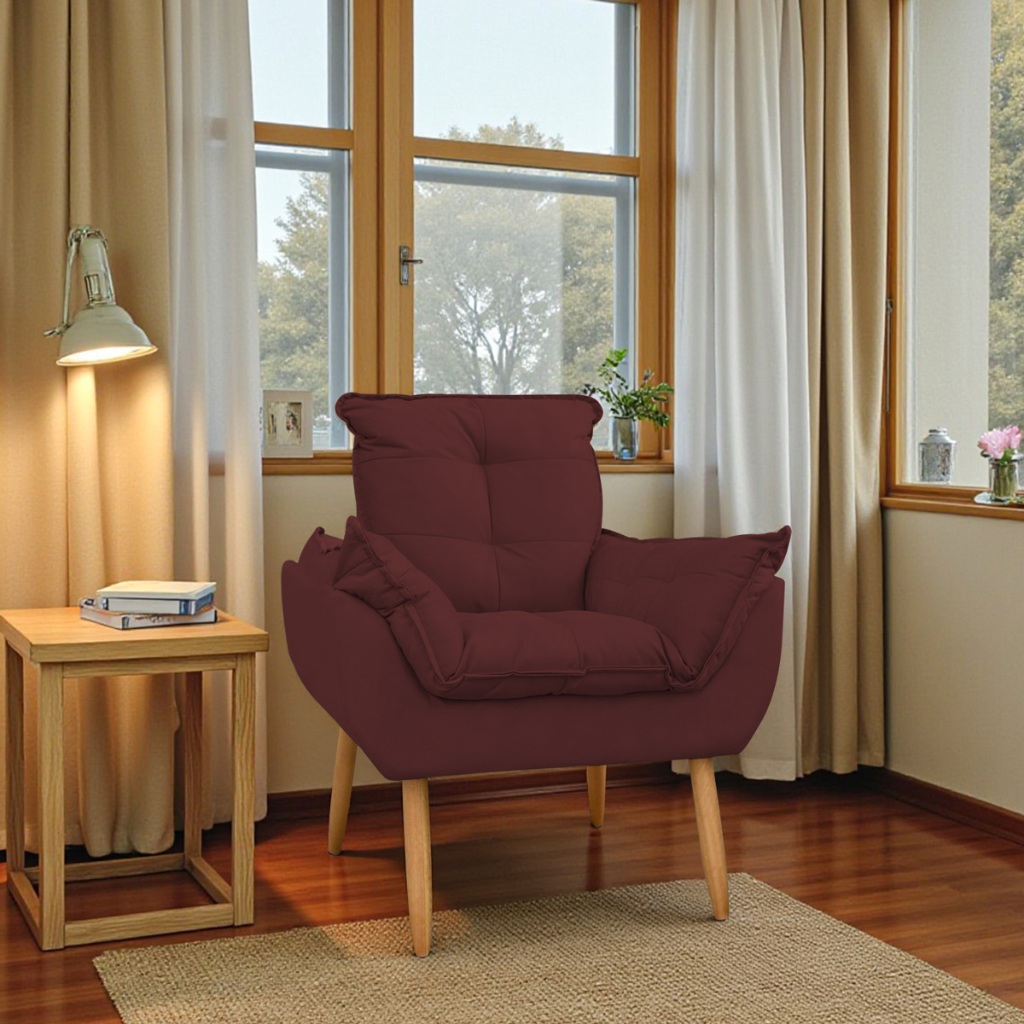Poltrona Decorativa Opala Pés Palito Para Quarto e Sala de Estar Suede Bordô